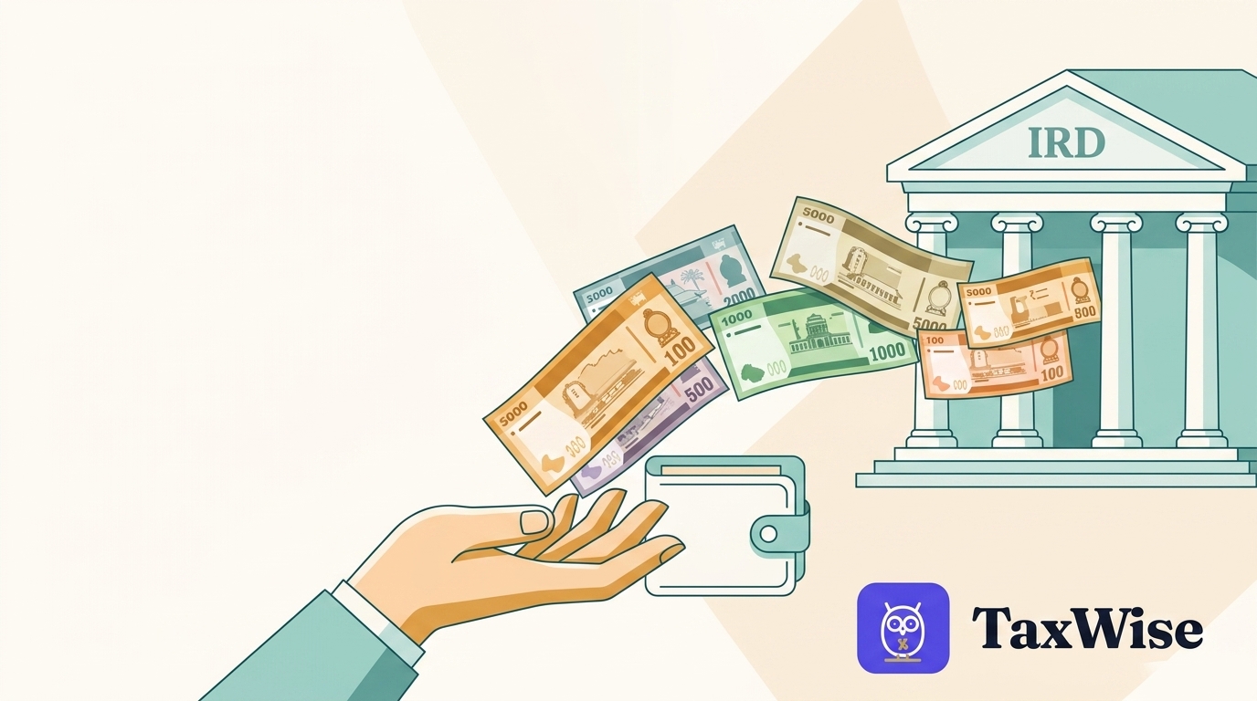 A hand receiving Sri Lankan rupee notes flowing from the IRD into an open wallet — claiming a tax refund with TaxWise.