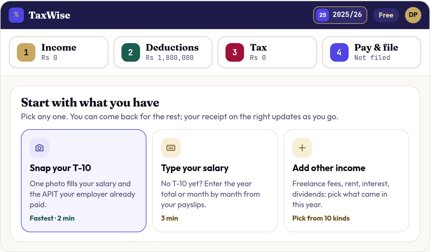 The TaxWise year home: the four moves rail (Income, Deductions, Tax, Pay & file) and three start cards: Snap your T-10, Type your salary and Add other income.